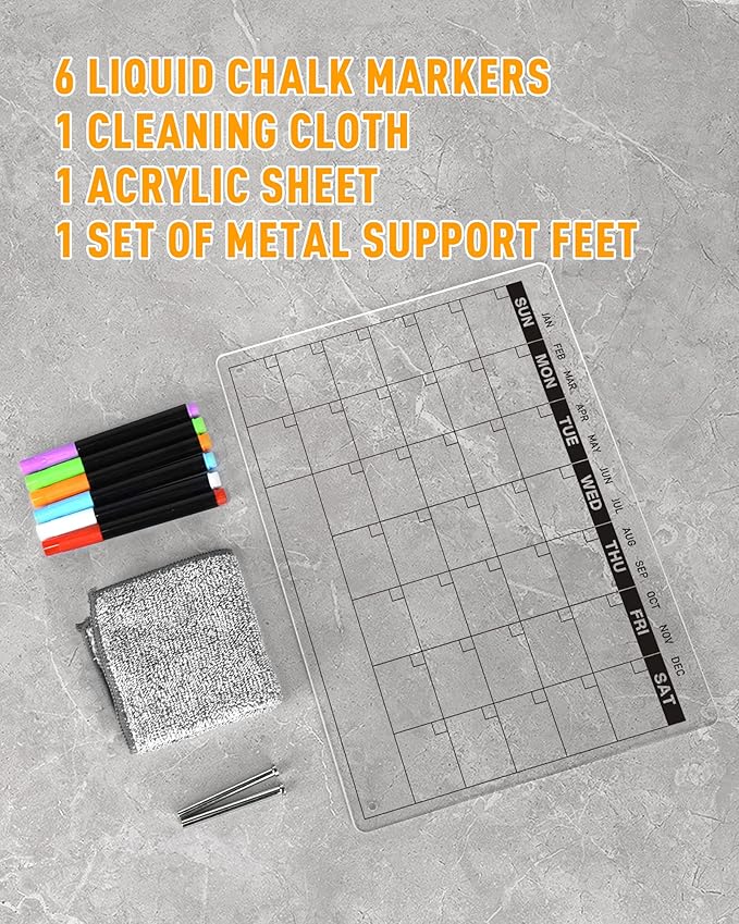Acrylic Dry Erase Calendar Board to Do List Desktop Clear Memo Note Board, 9x13 Tabletop Whiteboard with Stand for Office, Home, School, Includes 6 Dry Erase Markers Black