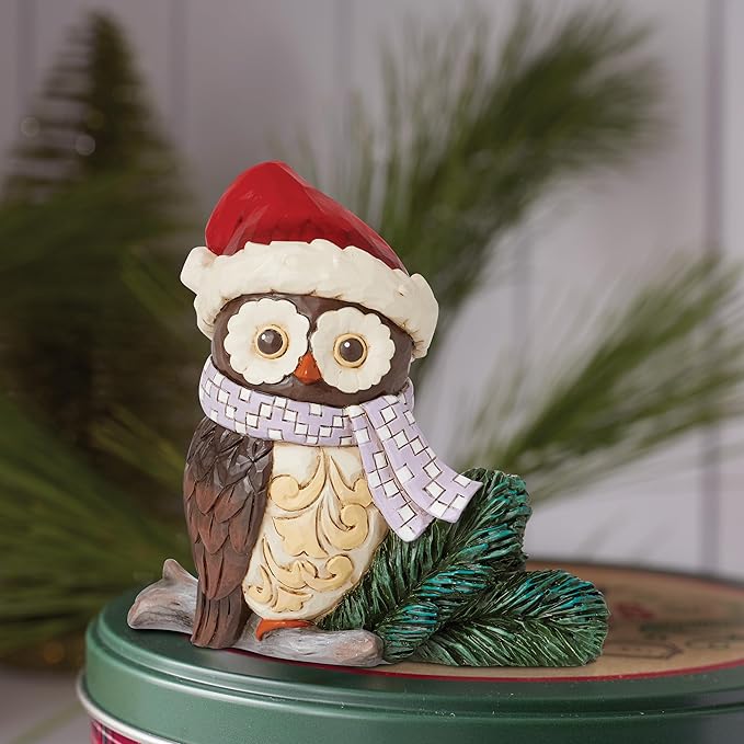 Enesco Jim Shore Heartwood Creek Owl with Santa Hat Miniature Figurine- Resin Hand Crafted Collectible Mini Figurines Christmas Home Decor Holiday Shelf Figure, 3.66 Inch, Multicolor