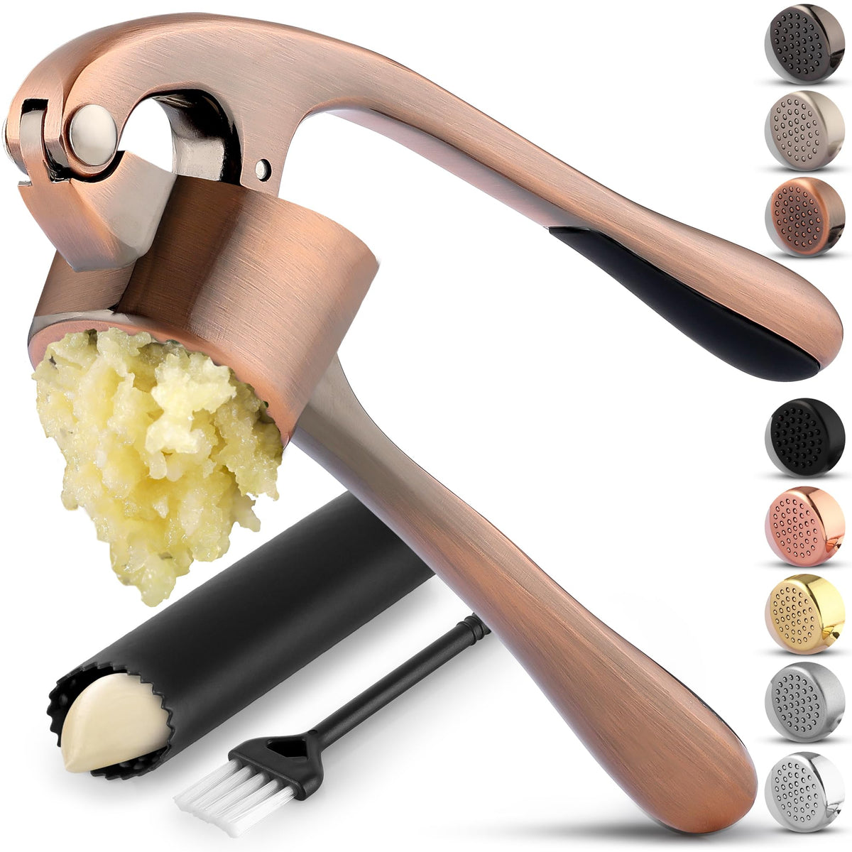 Zulay Kitchen Premium Garlic Press Set - Rust Proof Professional Garlic Mincer Tool - Easy-Squeeze, Easy-Clean with Soft Handle - Silicone Garlic Peeler & Brush (Rose Gold)