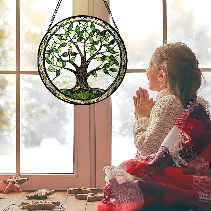 Stained Glass Window Hanging - Brown Tree Trunk Green Leaves Sun Catcher for Door Garden Home Decor Plant Suncatcher Christmas Mother's Day Birthday Gifts for Women Men Mom Nana 6.3 in