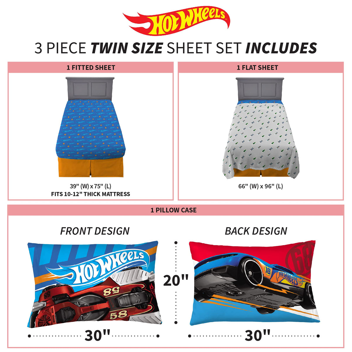 Franco Kids Bedding Super Soft Sheet Set, 3 Piece Twin Size, Hot Wheels