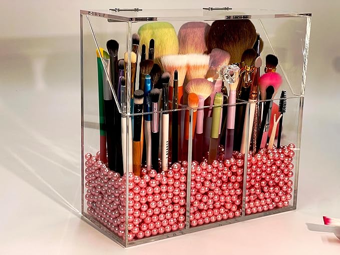 Acrylic Makeup Organizer ,clear Cosmetic brush storage box with 3 Brush Holders ,Makeup brush holderwith dust cover, Largecapacity split design can quickly organize the desktop ( with Free