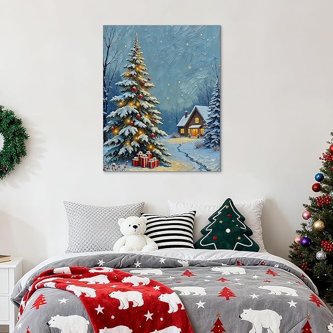 Framed Christmas Pictures Wall Decor,Vintage Pine Tree Prints,Winter Christmas Canvas Wall Art Decoration for Bedroom Bathroom Living Room Rustic Xmas Holiday Gifts (Christmas Tree 20, 24'' X 36'')