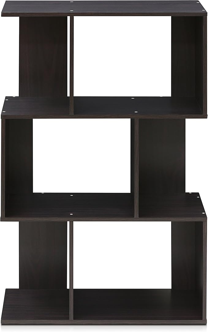 Furinno SIMPLY Book Shelf, 3-Tier Geometric Bookshelf, S-Shape Bookcase with Open Shelf, 11.8" x 23.6" x 37.3", for Organization and Storage, for Living Reoom, Bedroom, Home Office, Espresso