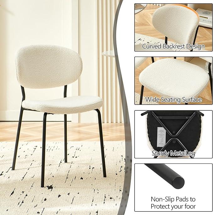 Modern Dining Table Set for 4, Industrial Kitchen Table Set, 37" Round MDF Living Coffee Table with 4 Seated Boucle Dining Chairs Upholstered, Metal Legs for Dining Hall, Living Room