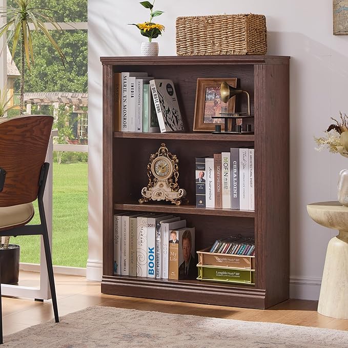 43" Walnut Tall Bookshelf Set of 3,3-Tier Thick Wooden Book Shelf with Adjustable Shelves,Free Standing Farmhouse Bookcase with Open Display Storage,Floor Vintage Bookshelves for Living Room