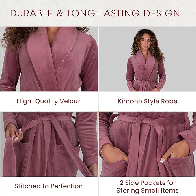 Be Relax Terry Velour Robe - Made of Polyester, Shawl Collar Robe with Belt & Side Pockets, Soft & Warm Bathrobe for Women
