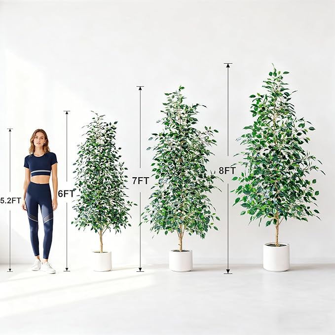 8FT Artificial Ficus Trees Indoor Faux Trees Indoor Fake Floor Plants Tall Artificial Tree with White Pot Faux Tree Fake Indoor Tree Silk Plants Artificial Trees for Home Decor Indoor