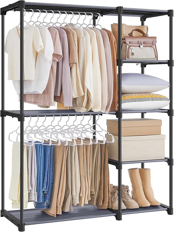 SONGMICS Portable Closet, Freestanding Closet Organizer, Clothes Rack with Shelves, Hanging Rods, Storage Organizer, for Cloakroom, Bedroom, 44.1 x 16.9 x 65 Inches, Gray URYG024G02