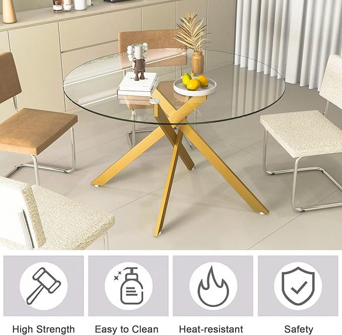 47.24" Round Glass Dining Room Table for 6 with Tempered Glass Top and Gold Metal Legs, Modern Clear Kitchen and Dinner Table for Home Office Dining Room