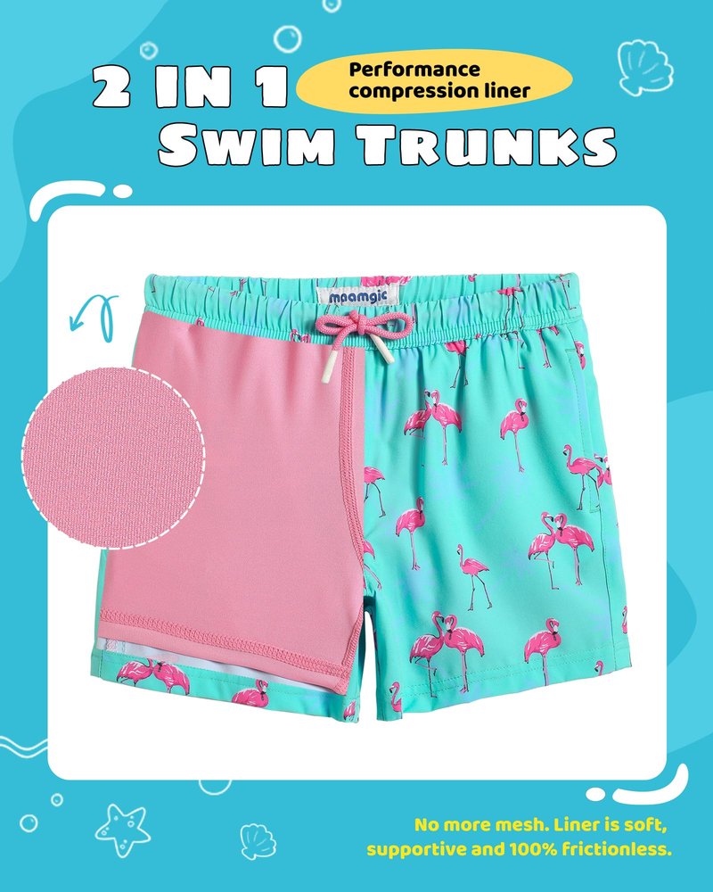 maamgic Boys Swim Trunks with Compression Liner Toddler Stretch Swim Shorts Quick Dry Swimming Trunks Boxer Brief 2 in 1 Beach Shorts Blue Flamingos 4T
