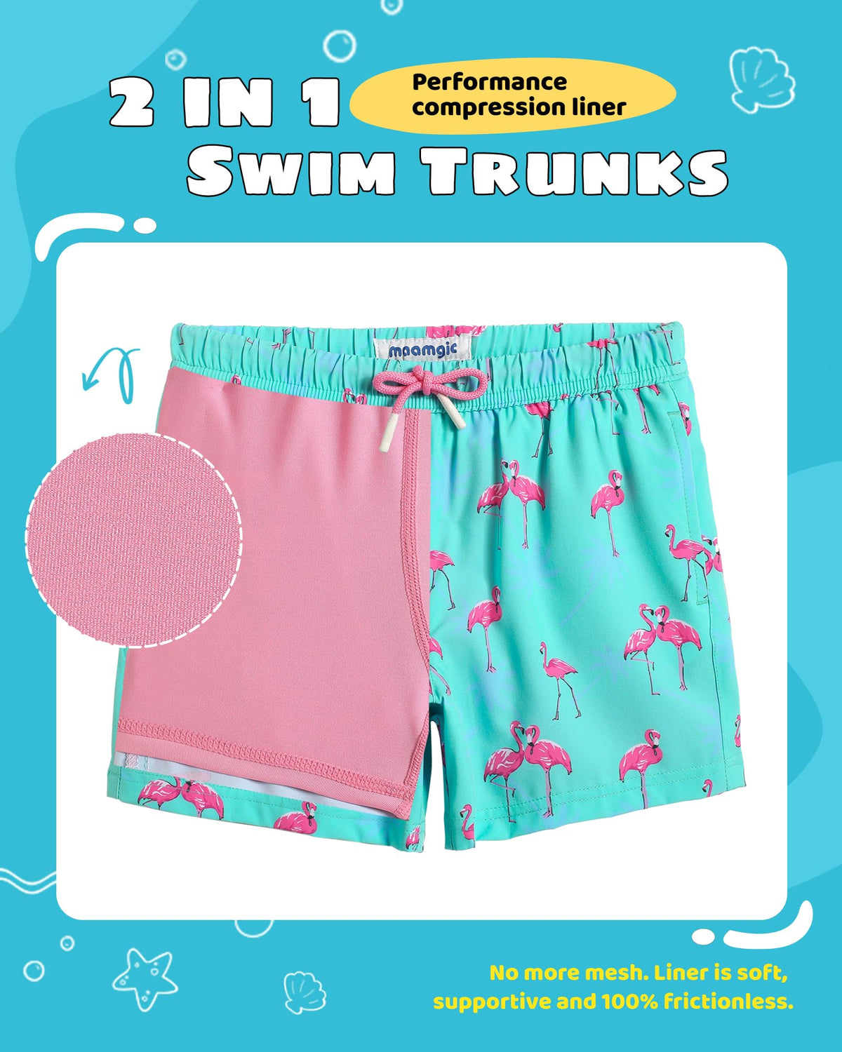 maamgic Boys Swim Trunks with Compression Liner Toddler Stretch Swim Shorts Quick Dry Swimming Trunks Boxer Brief 2 in 1 Beach Shorts Blue Flamingos 2T