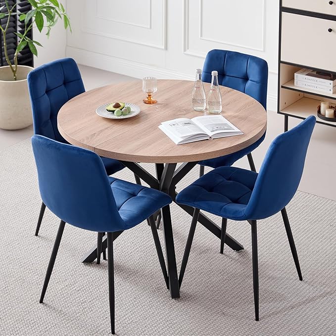 39" Round Dining Table Set for 4, Mid Century Kitchen Table with 4 Velvet Dining Chairs for Apartment Living Room Space Saving