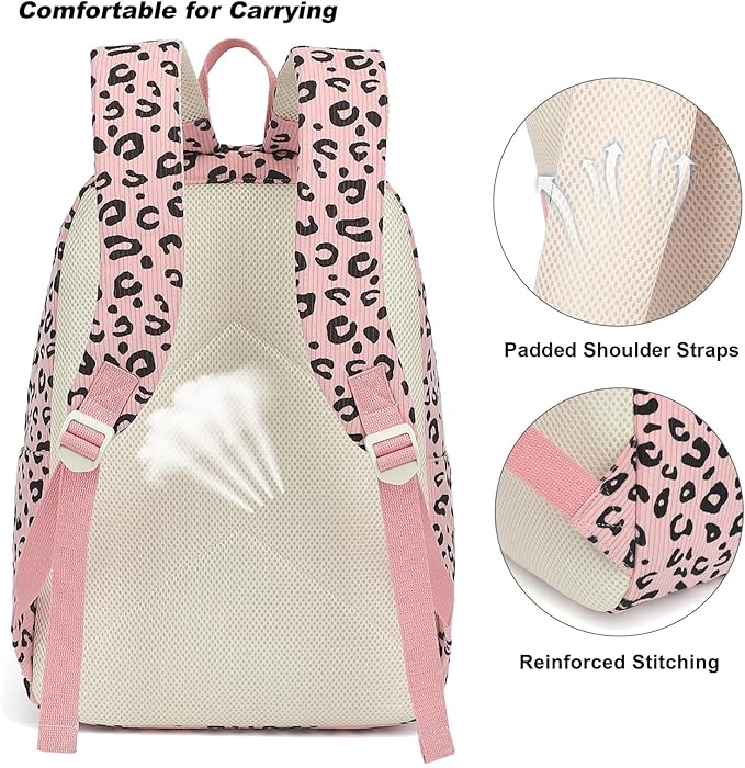 Corduroy Girls Backpack Set, 3PCS School Backpacks for Kids Elementary Middle School Bags with Lunch Box Pencil Case (Pink Corduroy Leopard)