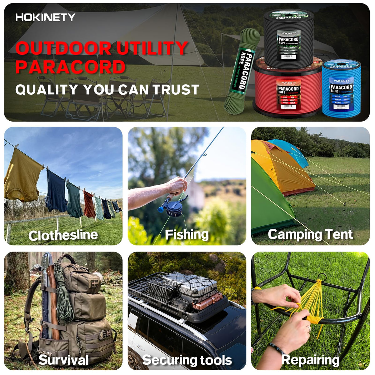 HOKINETY Paracord Rope 750 - Parachute para Cord 4mm 11 Strand Spool Rope Utility Nylon String for Outdoor Camping Survival Utility Tent Crafting DIY Projects - Black 100ft