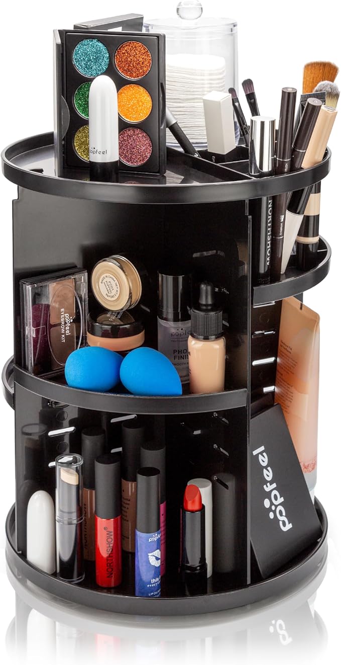 Brookstone 360° Spin Cosmetic Display Case for Vanity, Store Brushes, Lipsticks, and Other Fashion Accessories, Versatile Storage Solution, black