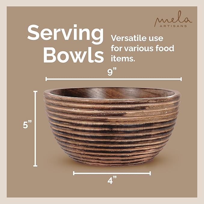 Mela Artisans Wooden Fruit Bowl | Dark Burnt Finish | 9” Decorative Mango Wood Serving Bowl | Multipurpose for Kitchen Countertop | Salad | Snacks | Fruit | Breads & More | Natural Grain Look