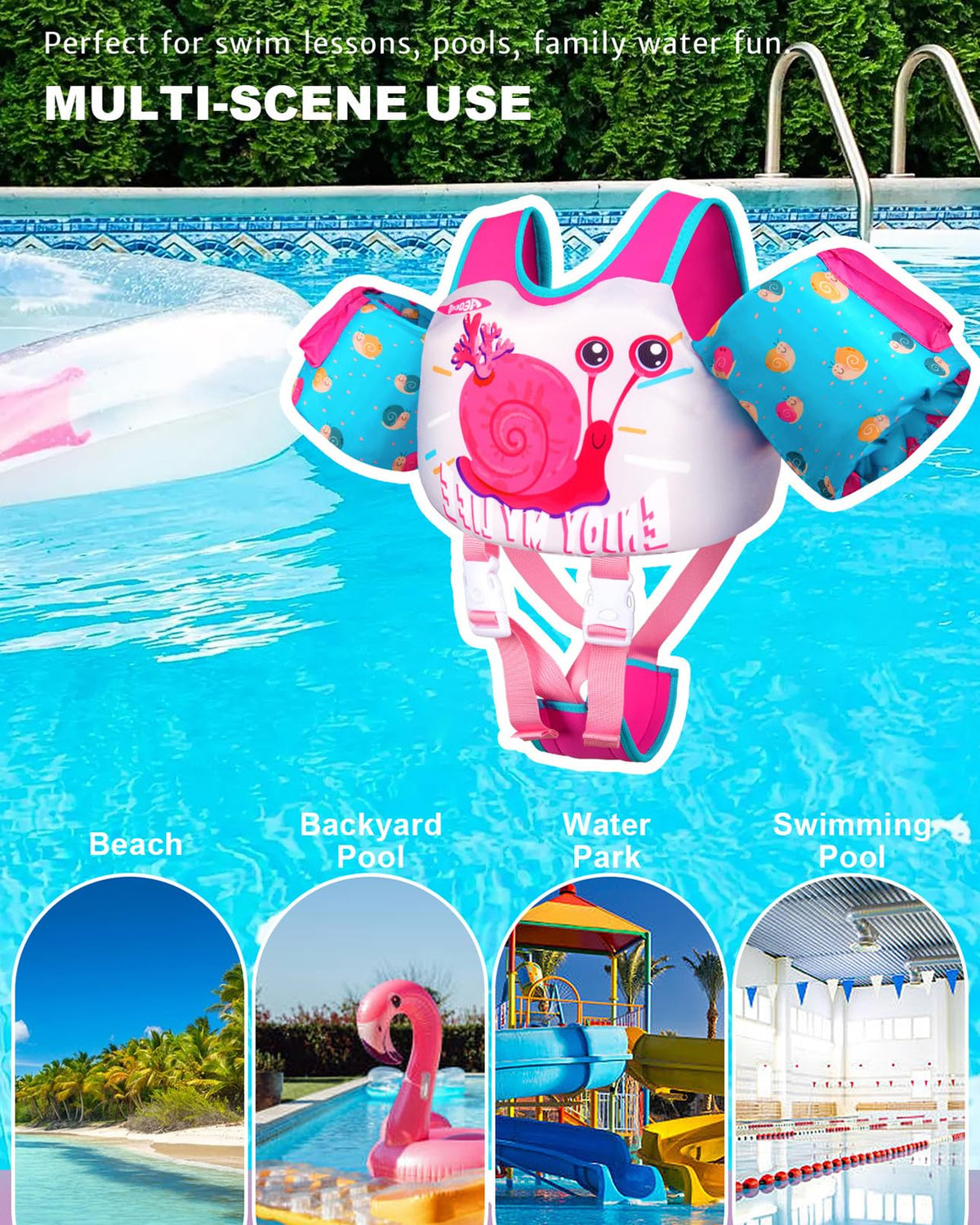 Toddler Swim Vest for 2-7Y, 20-50 lbs, Kids Floaties with Shoulder Harness & Adjustable Crotch Strap & Arm Water Wings for Boys and Girls, Snail