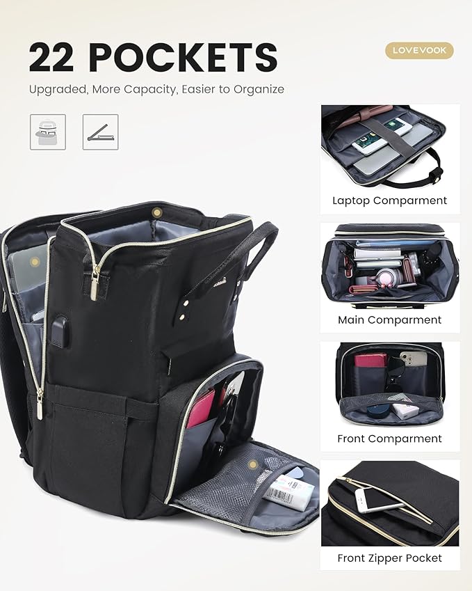 LOVEVOOK Laptop Backpack for Women, Travel with Compartment, Water Resistant Teacher Nurse Backpack, Anti-theft Back Pack Charger Work Doctor, 15.6-Inch, Black
