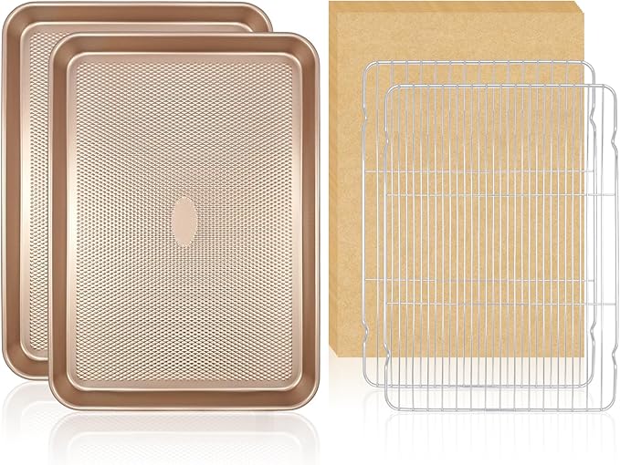 SEIION 2 Pack Baking Sheets with 2 Wire Racks & 50 Pre-Cut Parchment Papers | Heavy Duty Nonstick Cookie Pans (17.5"x11.8") | Warp-Resistant Oven Roasting Set for Meal Prep & Holiday Gifts