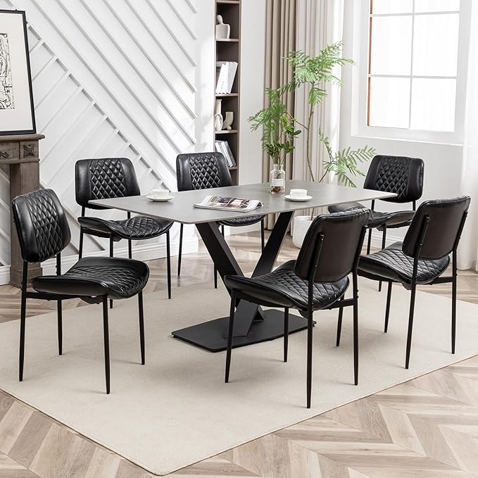 Modern Dining Chairs Set of 6, Leather Dining Chair with Metal Legs, Upholstered Dining Room Chairs for Dining Room, Kitchen, Vanity (Black)
