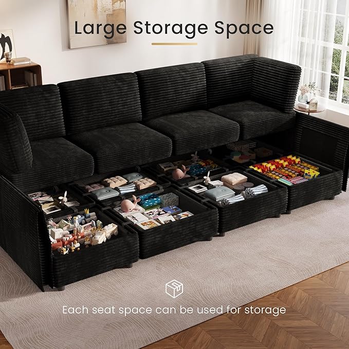 KKL Modular Sectional Sofa Bed with Storage Ottoman, Convertible L/U/J-Shaped Sleeper Couch Plush Wide-Wale Corduroy for Living Room, Apartment, Modern Design, Black
