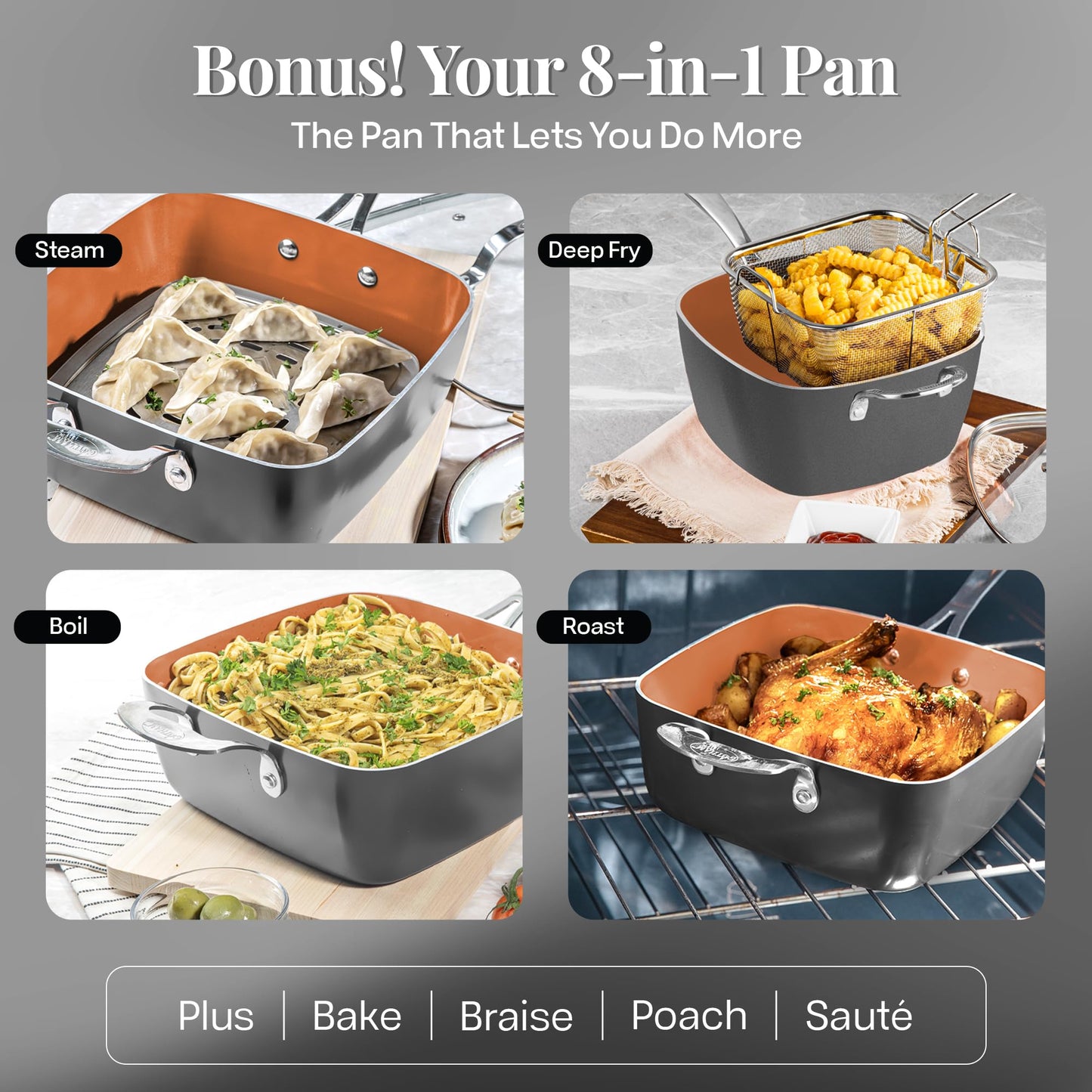 Gotham Steel True 20 Pc Ceramic Cookware Set Nonstick, Ceramic Pots and Pans Set Non Stick with Deep Square Pan Set & Bakeware Set, Non Toxic PFOA PFOS Free, Oven & Dishwasher Safe, No Cheater Pieces