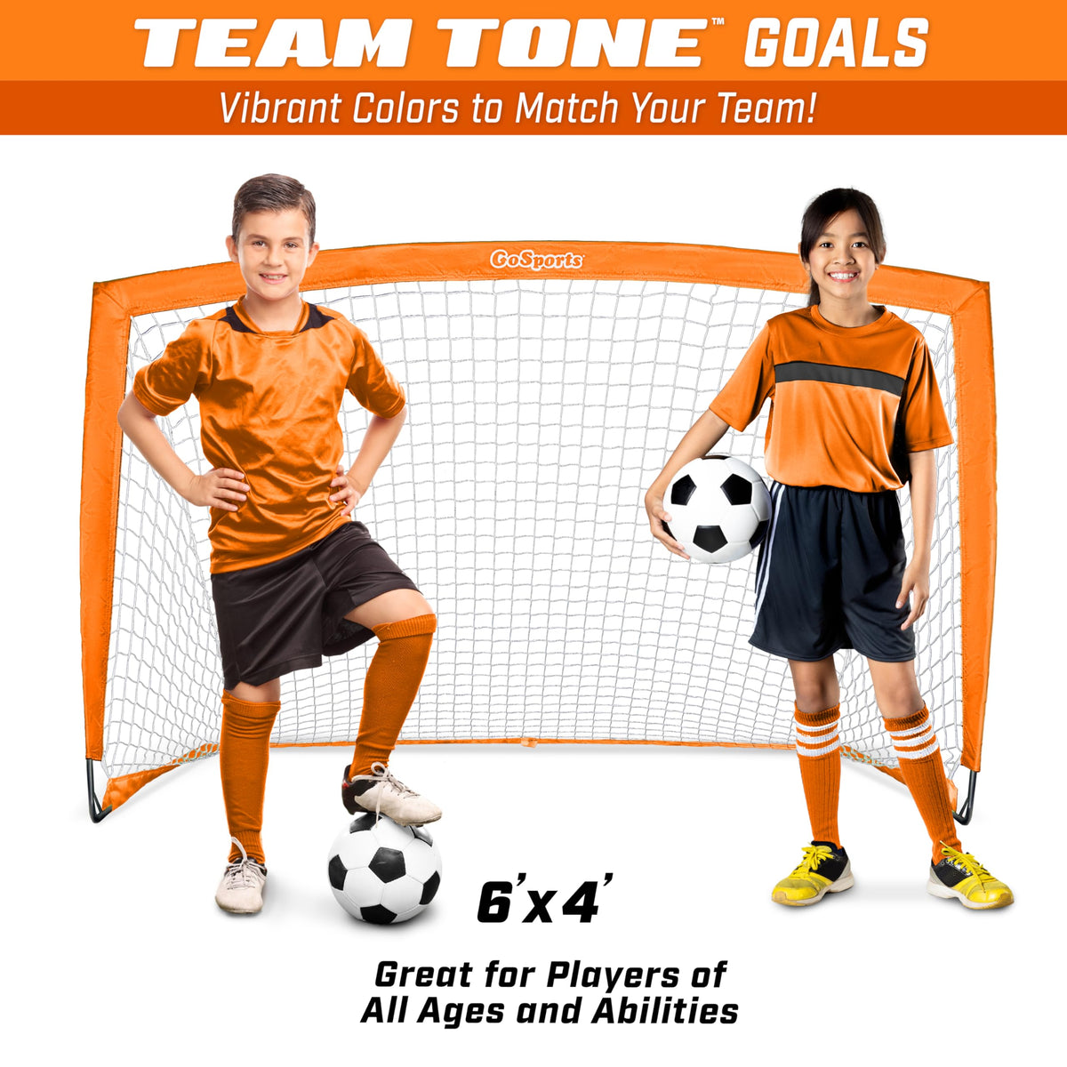 GoSports Team Tone 6 ft x 4 ft Portable Soccer Goal for Kids - Pop Up Net for Backyard - Orange