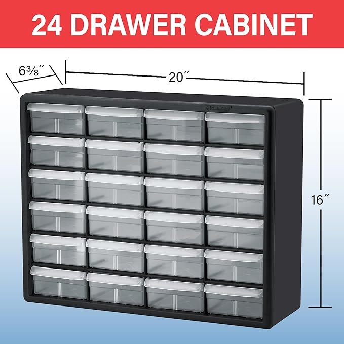 Akro-Mils 24-Drawer Plastic Drawer Storage Cabinet for Garage Organization, Bead Organizer, Building Bricks Storage, Teacher Toolbox, Makeup Organizer, 20" W x 6" D x 16" H, 10124 Yellow