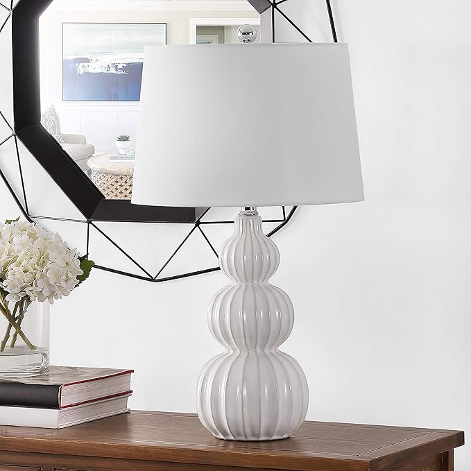 Safavieh Lighting Collection Corina White Triple Gourd Ceramic 26-inch Bedroom Living Room Home Office Desk Nightstand Table Lamp (LED Bulb Included)