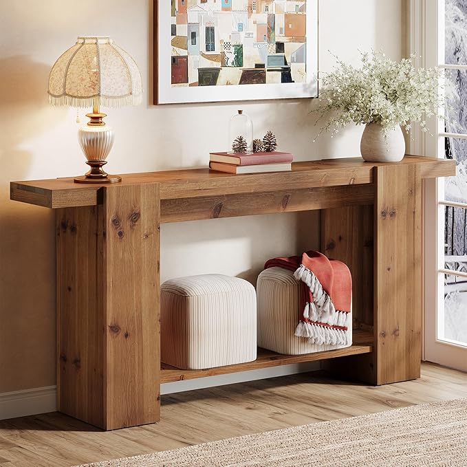 2-Tier Solid Wood Console Table, Farmhouse Entryway Table with Storage Shelves, 63-Inch Long Sofa Console for Living Room, Hallway, or Foyer(Brown)