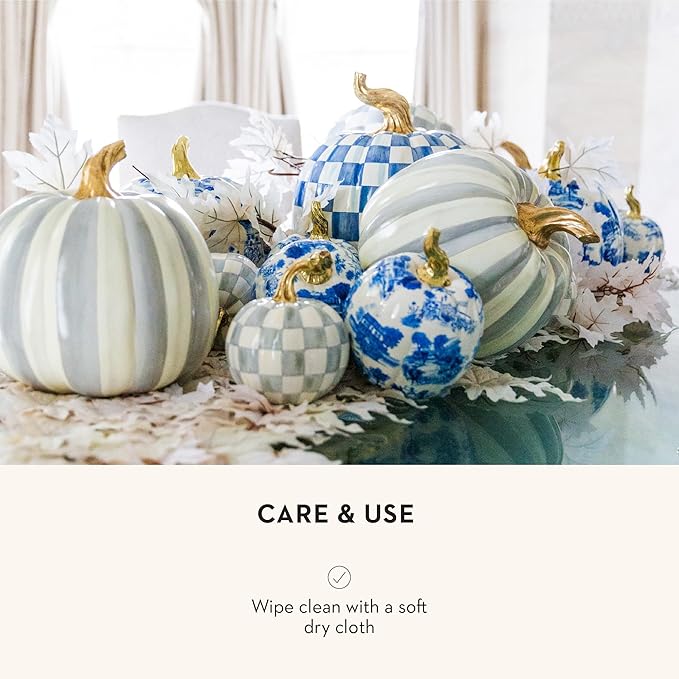 MACKENZIE-CHILDS Small Pumpkin, Resin Halloween Home Decor, Blue-and-White Royal Check
