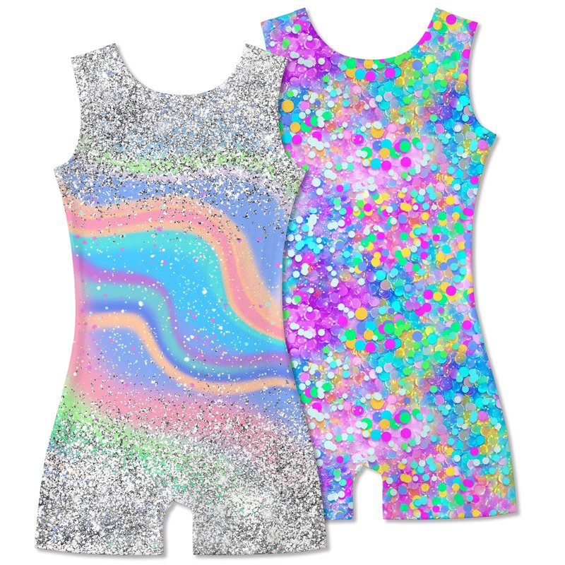 Taubow 2 Packs Gymnastics Leotards for Girls Size 7-8 Kids Biketard with Shorts Gradient Tie Dye Diamond Dance Leotard Size 8