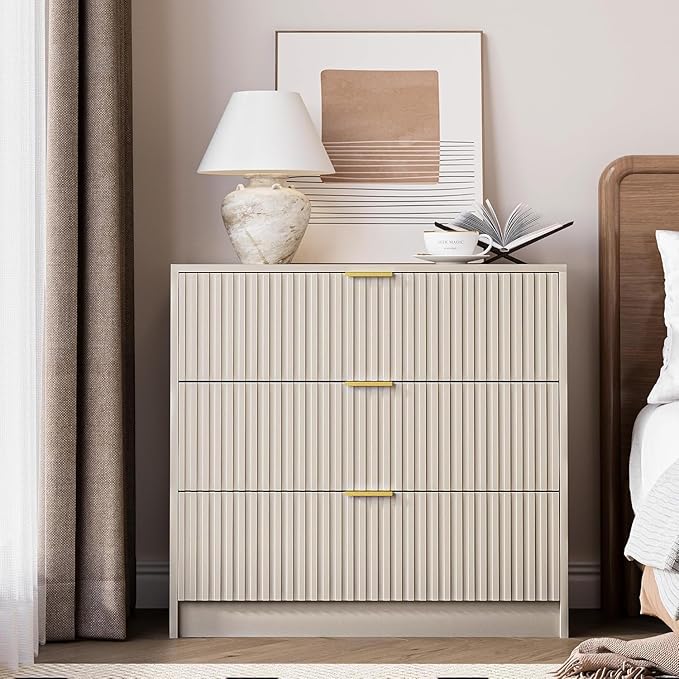 3 Piece Dresser Bedroom Set, 7 Drawer Dresser & 3 Drawer Nightstands with Gold Handles, Fluted Wood Chest of Drawers for Bedroom, Living Room, Entryway, Beige