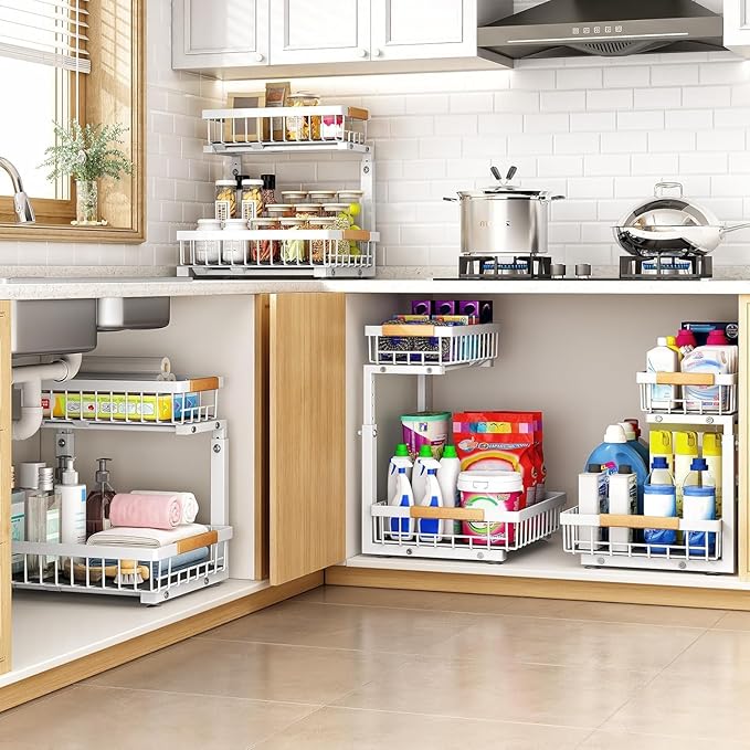 2 Pack Under Sink Organizer,Adjustable Height,2 Tier Pull Out Under Cabinet Organizer,Slide Out Thickened Metal Under Sink Storage for Kitchen Bathroom Cabinet Pantry