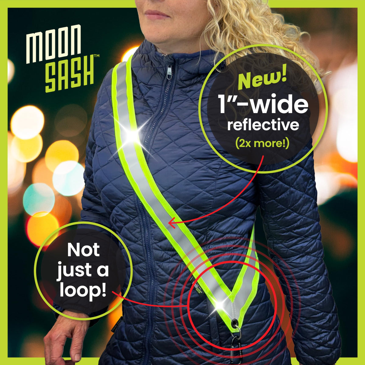 MOONSASH Reflective Sash For Walking At Night | USA-Made | Fitted, Reversible + Patented Night Walking Safety Gear | Perfect Belt/Reflective Vest for Women & Men Alternative | Essential Running Gear