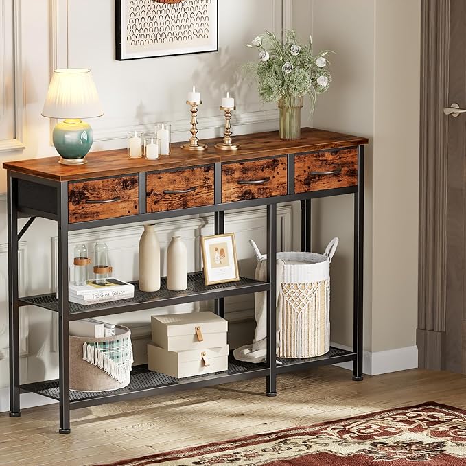 Furnulem Entryway Table 47'' Sofa Console Table with 4 Fabric Drawers, Industrial Entry Way Shoe Rack with Metal Mesh Shelf for Front Door, Foyer Wooden Top, Sturdy Metal Frame, Rustic Brown