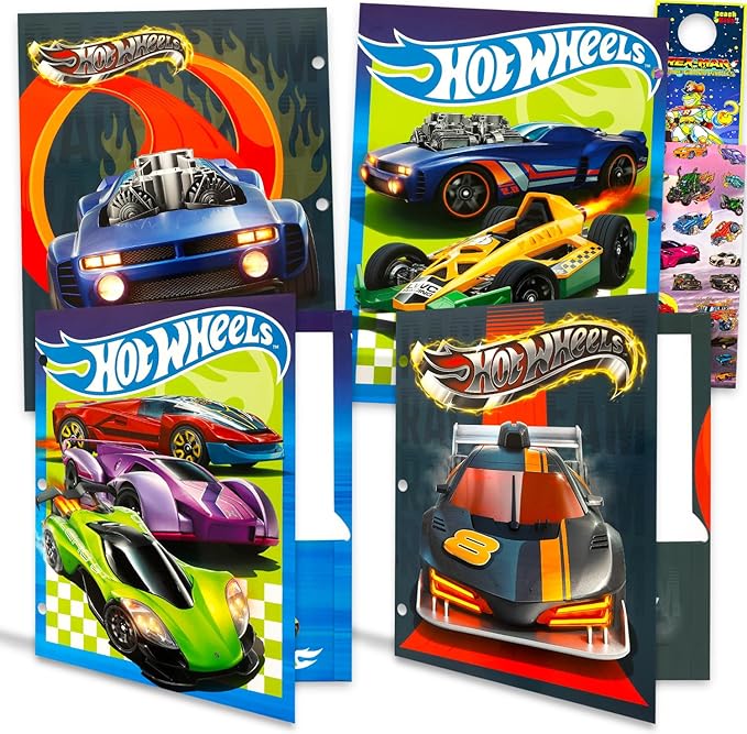 Hot Wheels Folder Set - Bundle with 4 Laminated Folders with 2 Pockets Each for Office, Classroom, Plus More | Hot Wheels Back to School Supplies