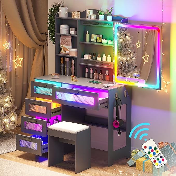 Vanity Desk with Lights and Sliding Mirror, Makeup Vanity Desk with Charging Station, Vanitys Dressing Table with Stool,LED Vanity Set with Large Drawers&Shelves for Bedroom, Decor, Grey