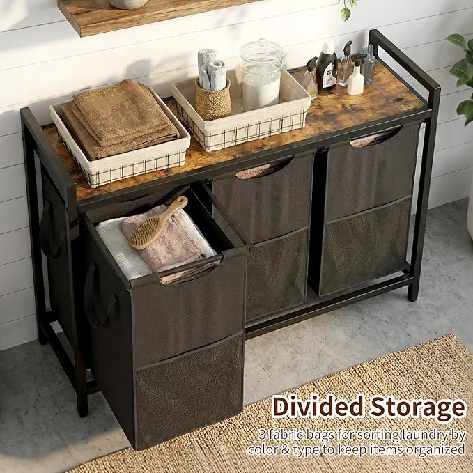 Heybly Laundry Hampers, 3 × 15 Gal (171 L) Laundry Basket with Large Desktop Sorter for Laundry Room Organization, Bathroom and Dorm Laundry Bags on Storage Shelf, Rustic Brown HLH003SR