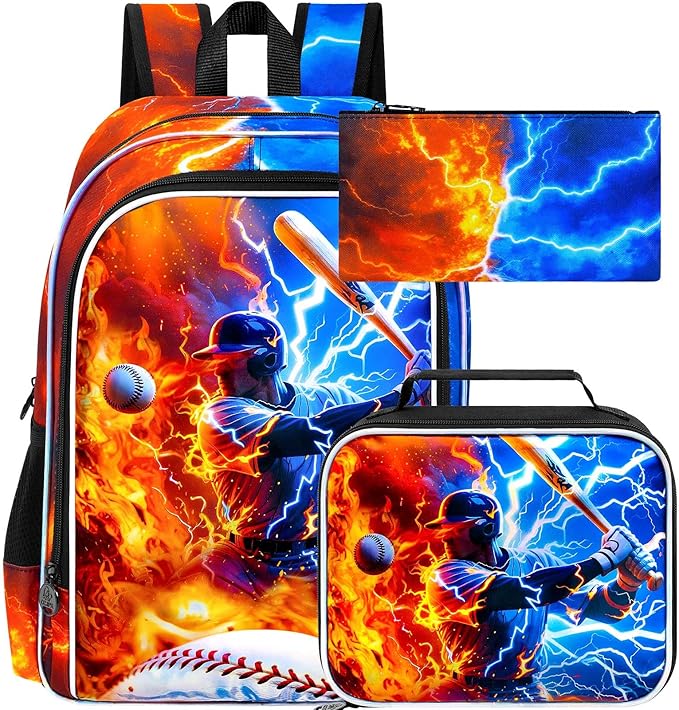 gxtvo 3PCS Boys Baseball Backpack, 17" Kids Bookbag with Lunch Box, Water Resistant Middle Elementary School Bag - Fire & Lightning Baseball Player