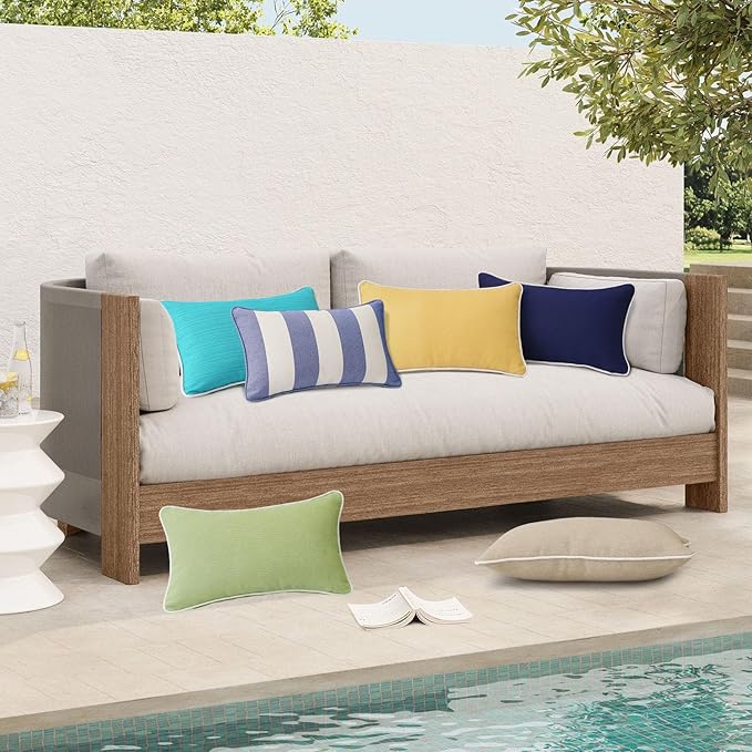 Decorative Outdoor Water Repellent Throw Pillows with Inserts, Set of 4, 20" x12" Pillows for Patio, Backyard, Bed, Couch, and Patio Furniture, Tan
