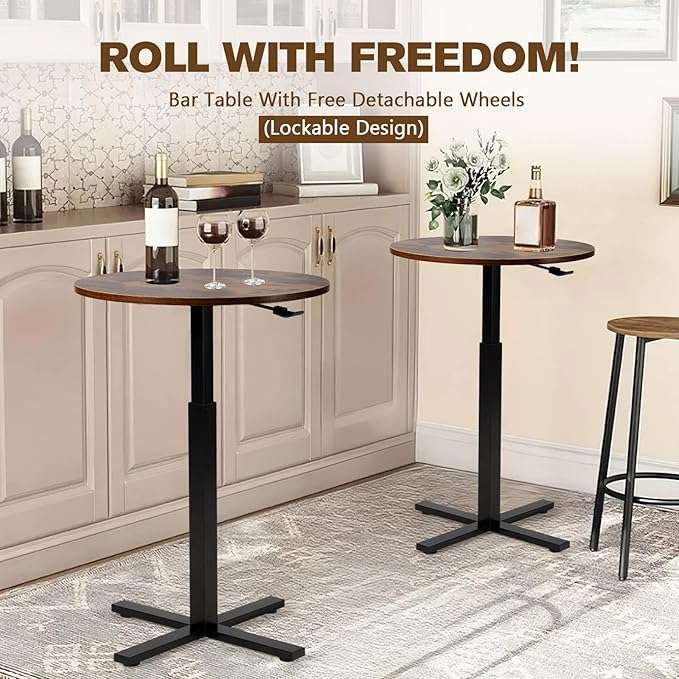 Bar Table,Round Dining Table with Height Adjustment,23.8-Inch Top, 41 Inch Adjustable Range, Comes with 4 Wheels, Ideal for Small Bar & Café(Rustic Brown), Set of 1