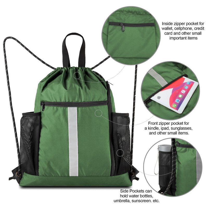 BeeGreen Green Drawstring Bag Gym Cinch Backpack w Shoe Compartment and Two Side Pockets Machine Washable Sports Sinch Sack String Sackpack for Swim Equipment Beach Travel