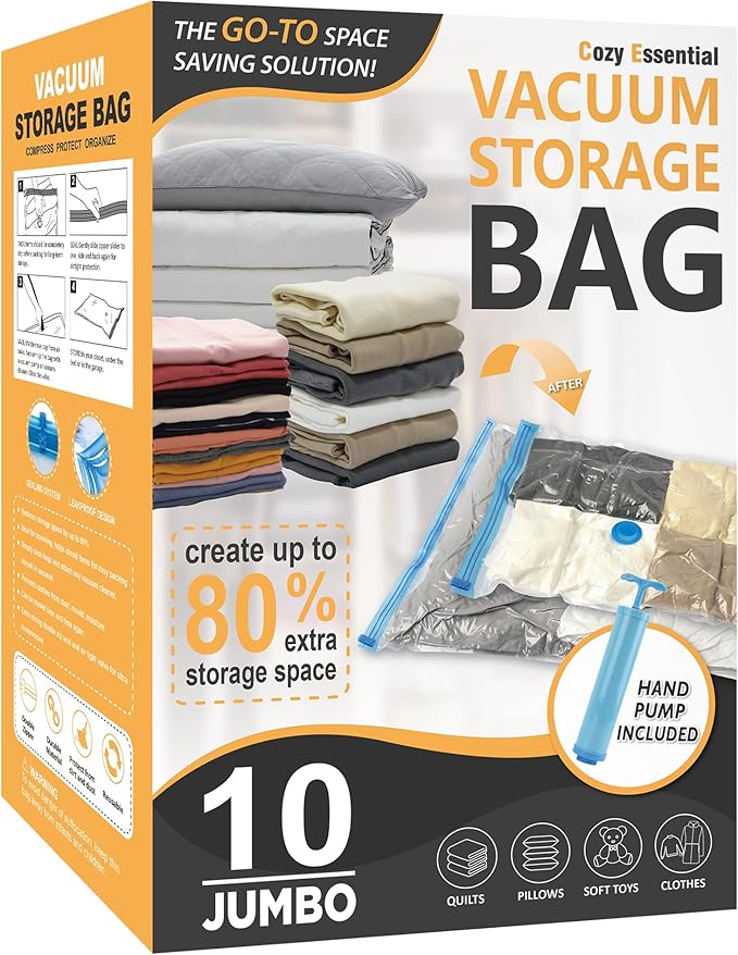 Cozy Essential Vacuum Storage Bags, 80% Compression Vacuum Seal Space Saver Plastic Packaging Bags for Clothes, Blankets, Pillow, Bedding, Comforters, Sealer Clothing Storage,10 Jumbo