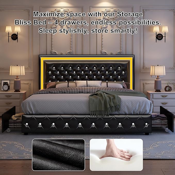 Full Led Bed Frame with 4 Storage Drawers, Bed Frame with Led Lights No Box Spring Needed, 900 lbs Capacity, Easy Assembly, PU Black