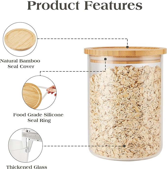 Amisglass Glass Storage Containers with Wooden Lids, Airtight Canister for Kitchen Countertop Set of 3,Large Flour and Sugar Containers for Candy, Cookie, Rice, Coffee Beans, Snacks, Spices