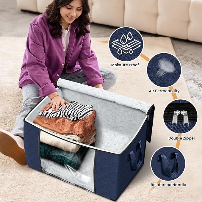 Fab totes 24 Gallons Clothes Storage,Foldable Thick Fabric Blanket Storage Bags, Containers for Organizing Bedroom, Closet, Clothing, Comforter, Organization with Handle (10 Pack,Blue)