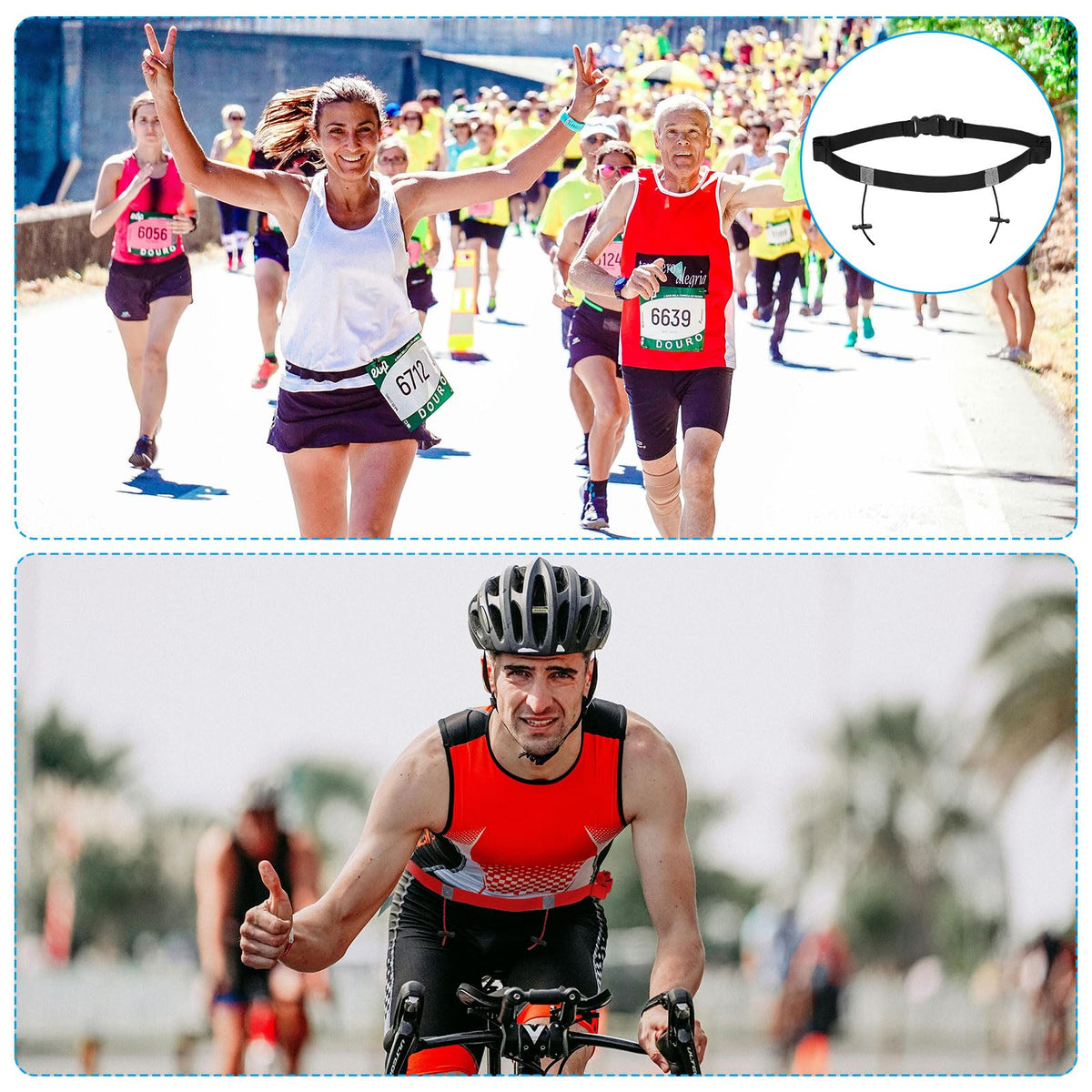 PATIKIL Elastic Triathlon Running Belt, 2 Pack Adjustable Race Number Belt Race Belt Bib Holder with 6 Energy Gel Loops for Marathons Racing Cycling, Black