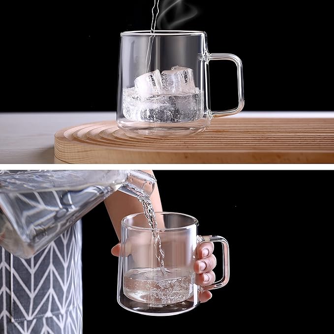 CNGLASS 12oz Glass Coffee Mugs,Double Wall Insulated Glass Cups with Handle,Clear Espresso Mugs for Latte,Cappuccino,Tea Bag,Set of 4